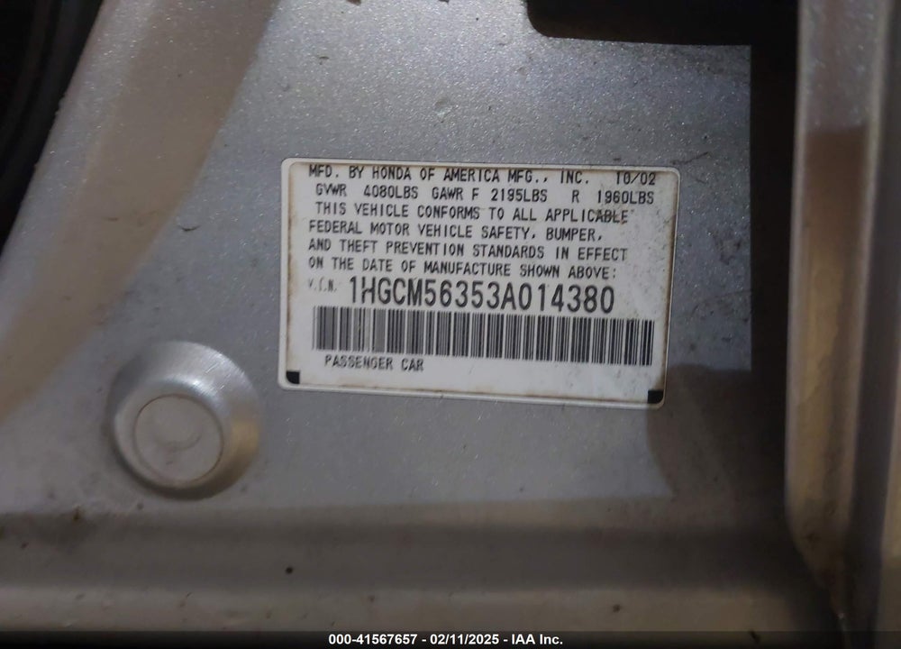 2003 HONDA ACCORD 2.4 LX VIN: 1HGCM56353A014380