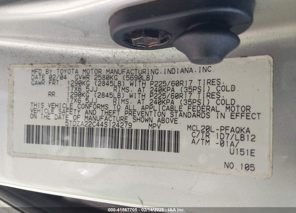 2004 TOYOTA SIENNA VIN: 5TDZA22C44S124279