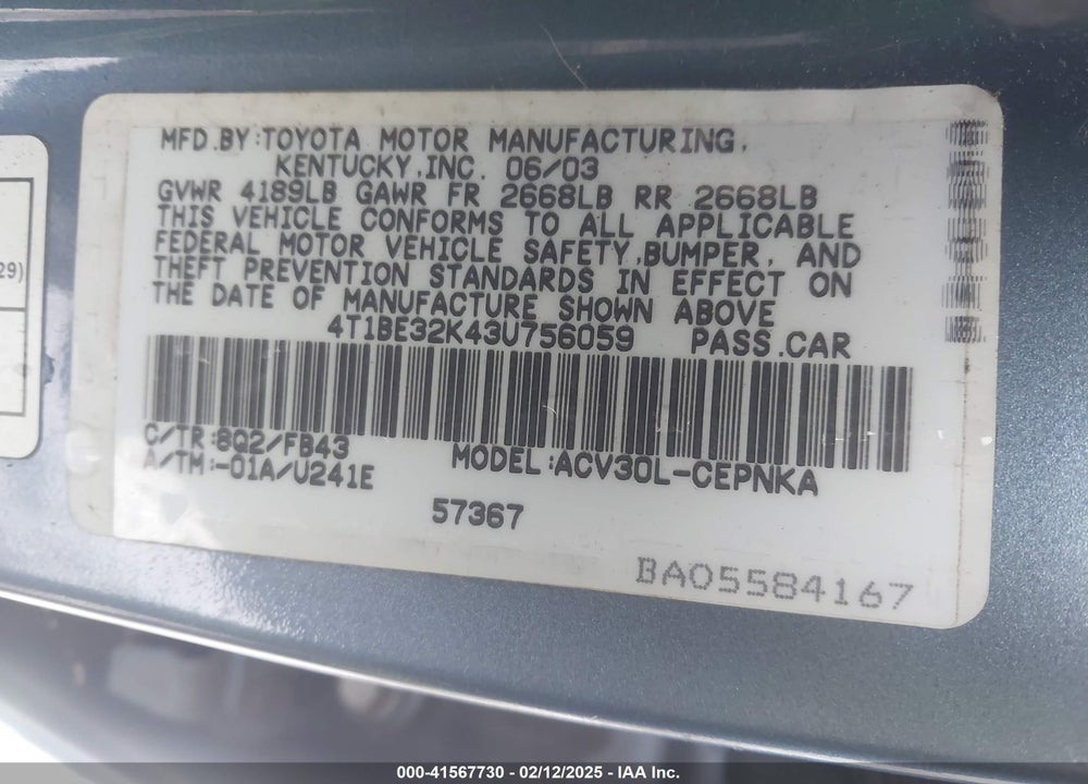 2003 TOYOTA CAMRY LE VIN: 4T1BE32K43U756059