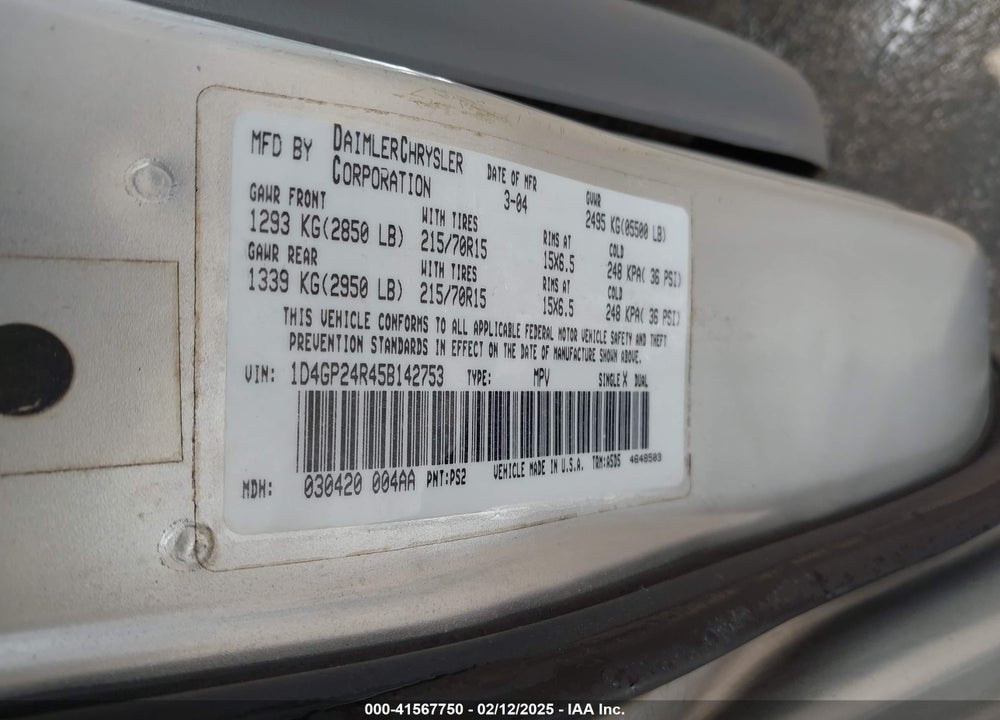 2005 DODGE GRAND CARAVAN VIN: 1D4GP24R45B142753