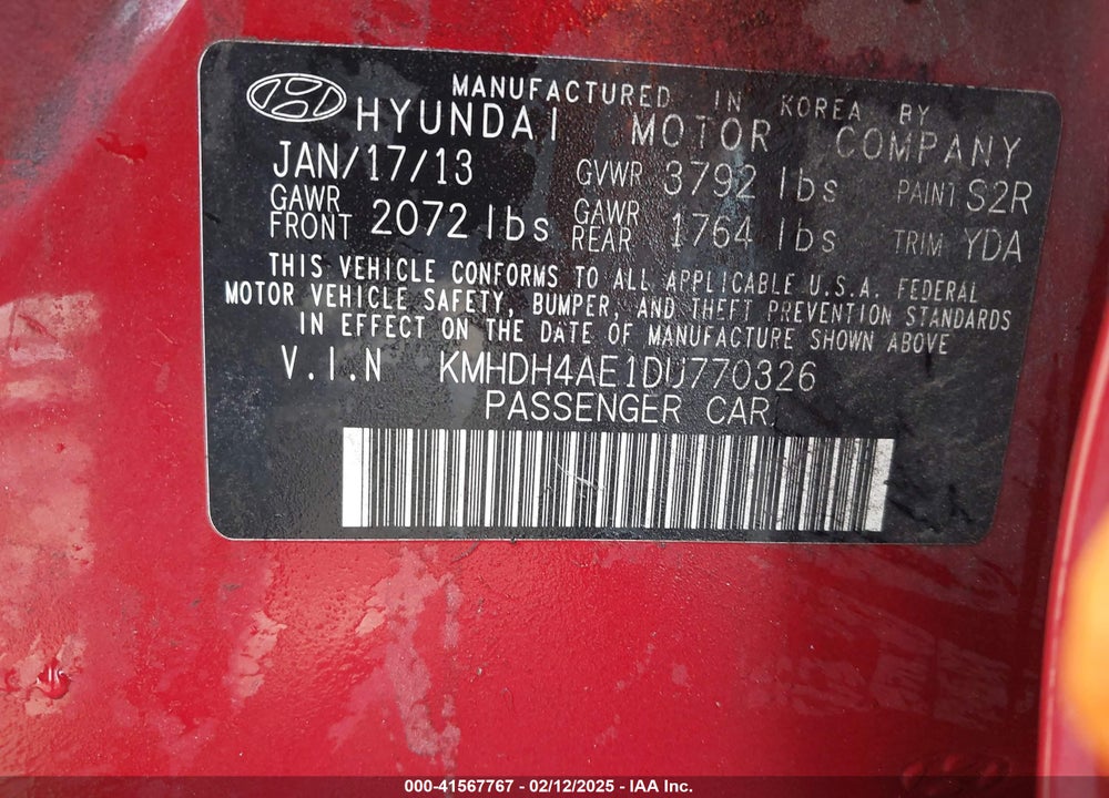 2013 HYUNDAI ELANTRA VIN: KMHDH4AE1DU770326