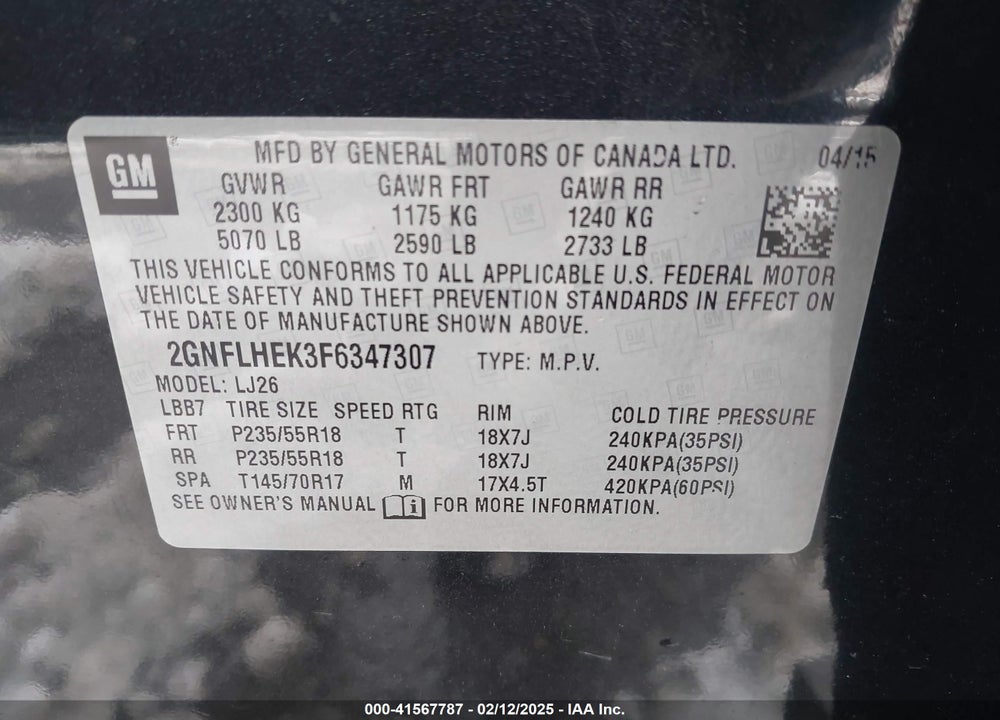 2015 CHEVROLET EQUINOX LTZ VIN: 2GNFLHEK3F6347307