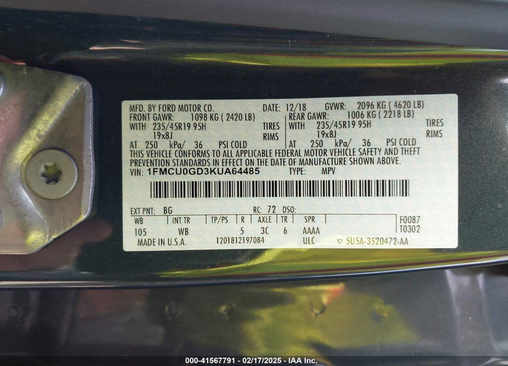 2019 FORD ESCAPE VIN: 1FMCU0GD3KUA64485
