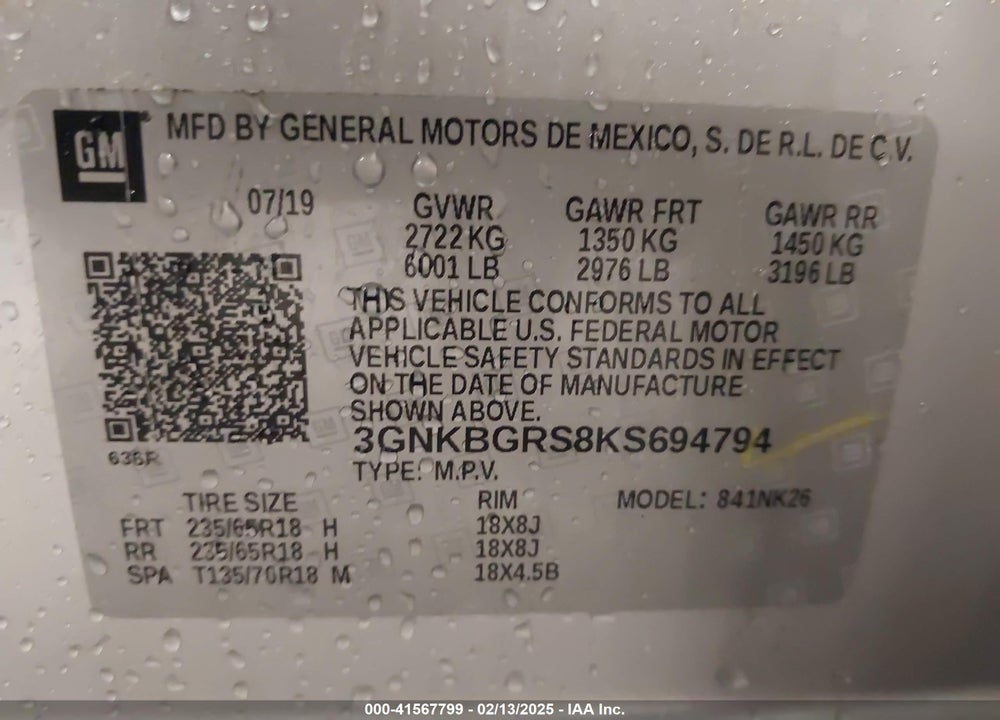 2019 CHEVROLET BLAZER VIN: 3GNKBGRS8KS694794