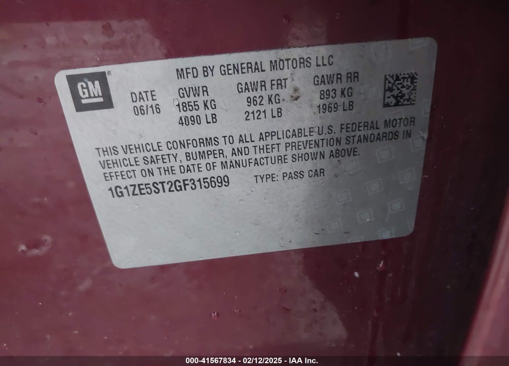 2016 CHEVROLET MALIBU VIN: 1G1ZE5ST2GF315699