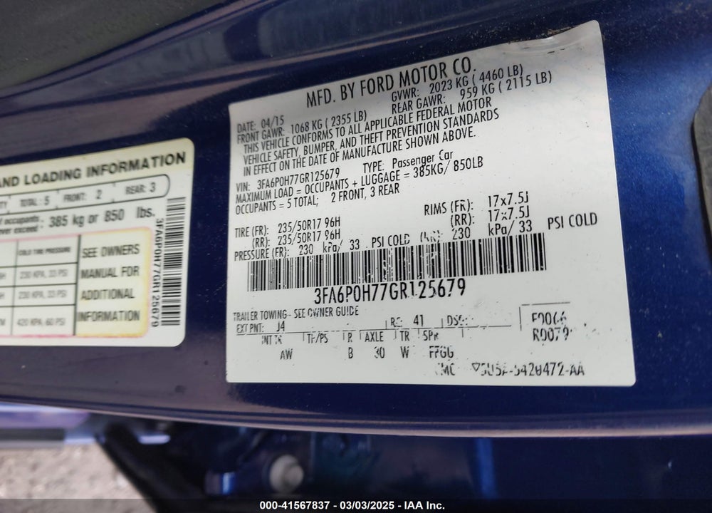 2016 FORD FUSION VIN: 3FA6P0H77GR125679