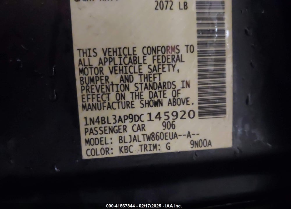 2013 NISSAN ALTIMA VIN: 1N4BL3AP9DC145920