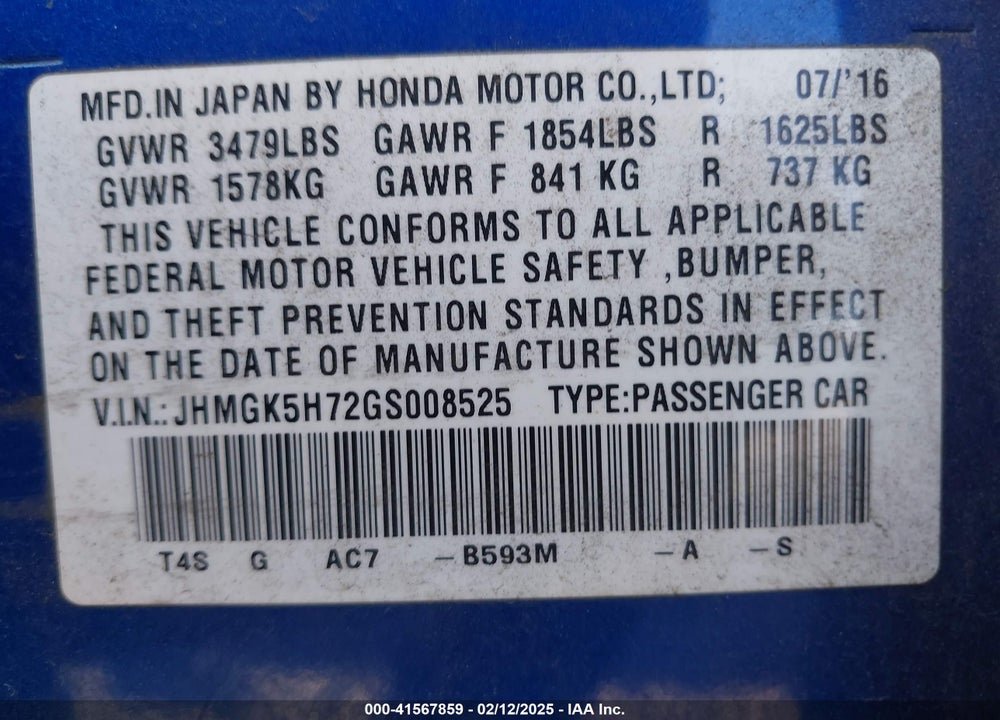 2016 HONDA FIT VIN: JHMGK5H72GS008525