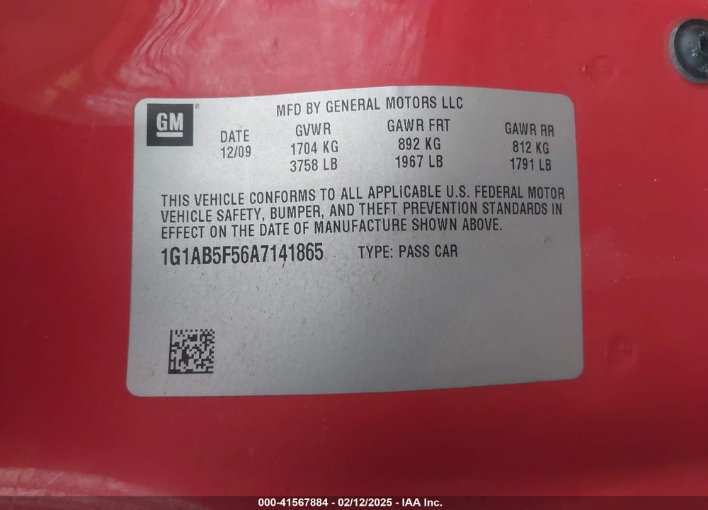 2010 CHEVROLET COBALT VIN: 1G1AB5F56A7141865