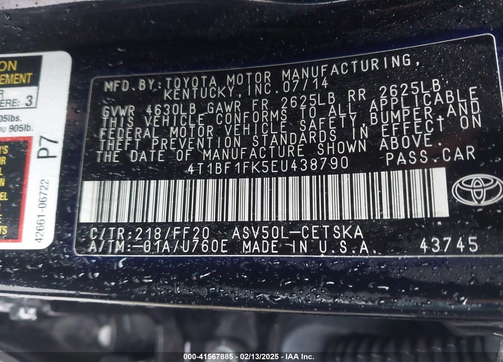2014 TOYOTA CAMRY VIN: 4T1BF1FK5EU438790