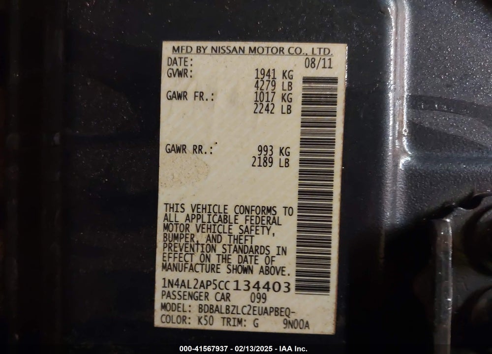 2012 NISSAN ALTIMA VIN: 1N4AL2AP5CC134403