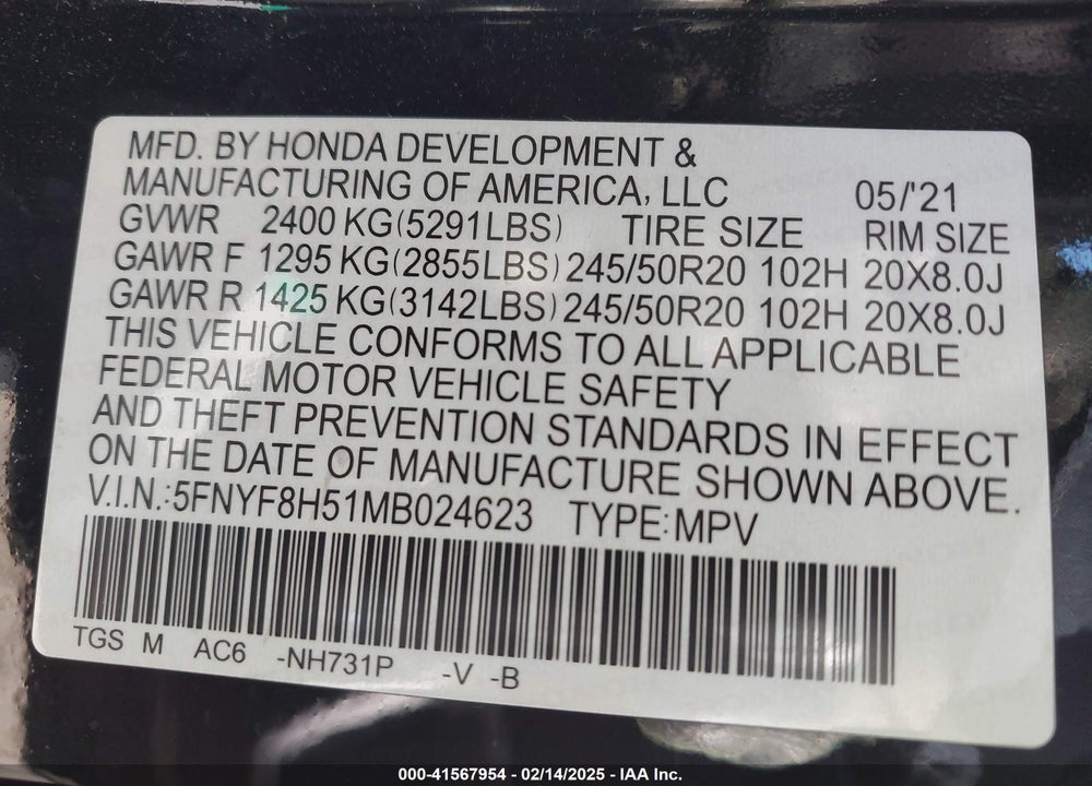 2021 HONDA PASSPORT VIN: 5FNYF8H51MB024623