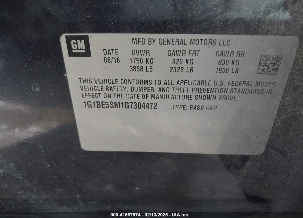 2016 CHEVROLET CRUZE VIN: 1G1BE5SM1G7304472