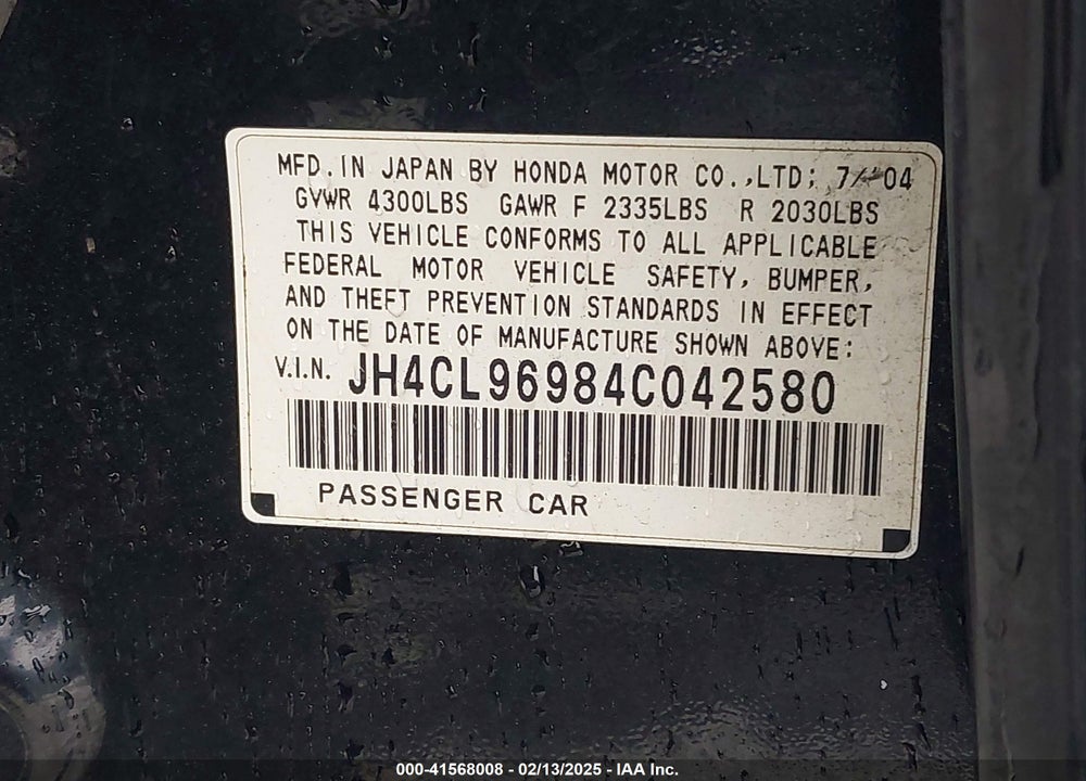 2004 ACURA TSX VIN: JH4CL96984C042580