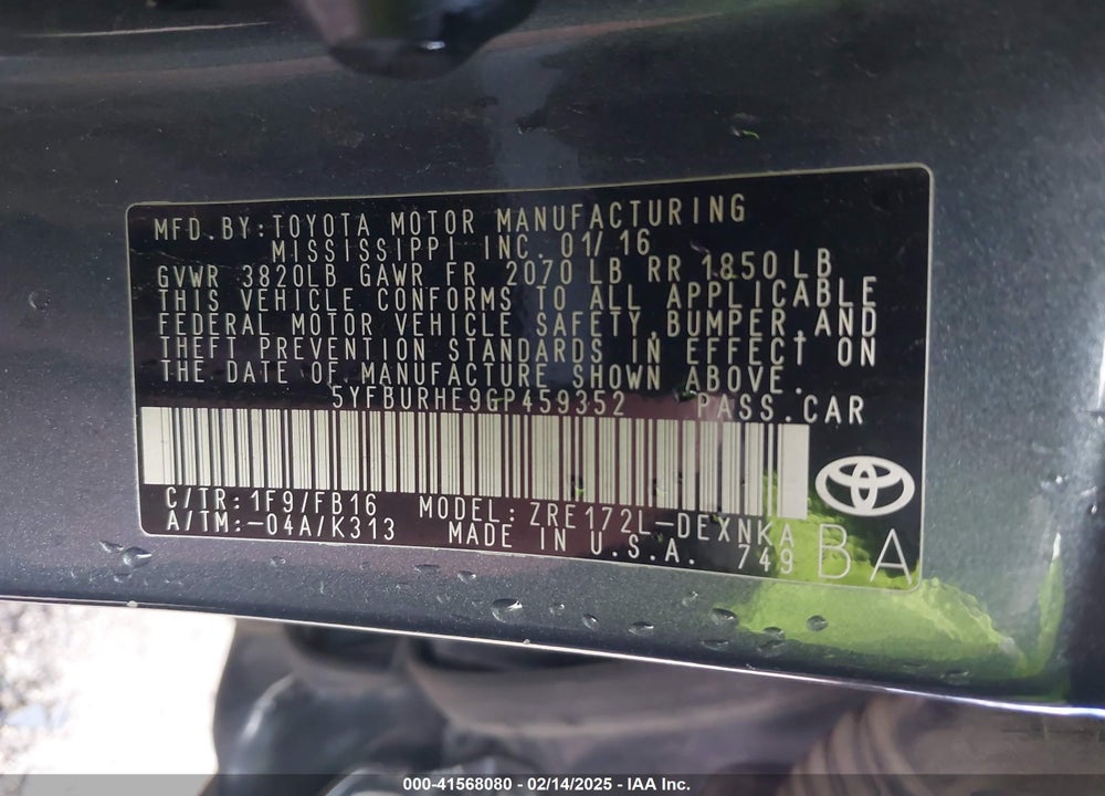 2016 TOYOTA COROLLA VIN: 5YFBURHE9GP459352