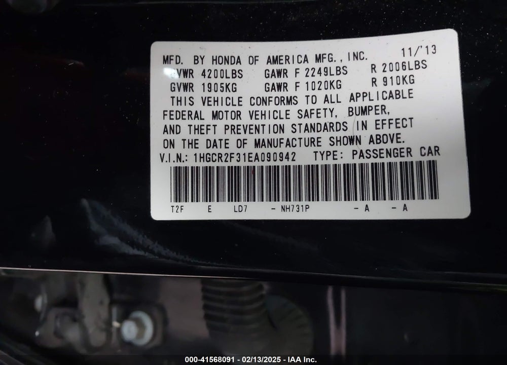 2014 HONDA ACCORD VIN: 1HGCR2F31EA090942