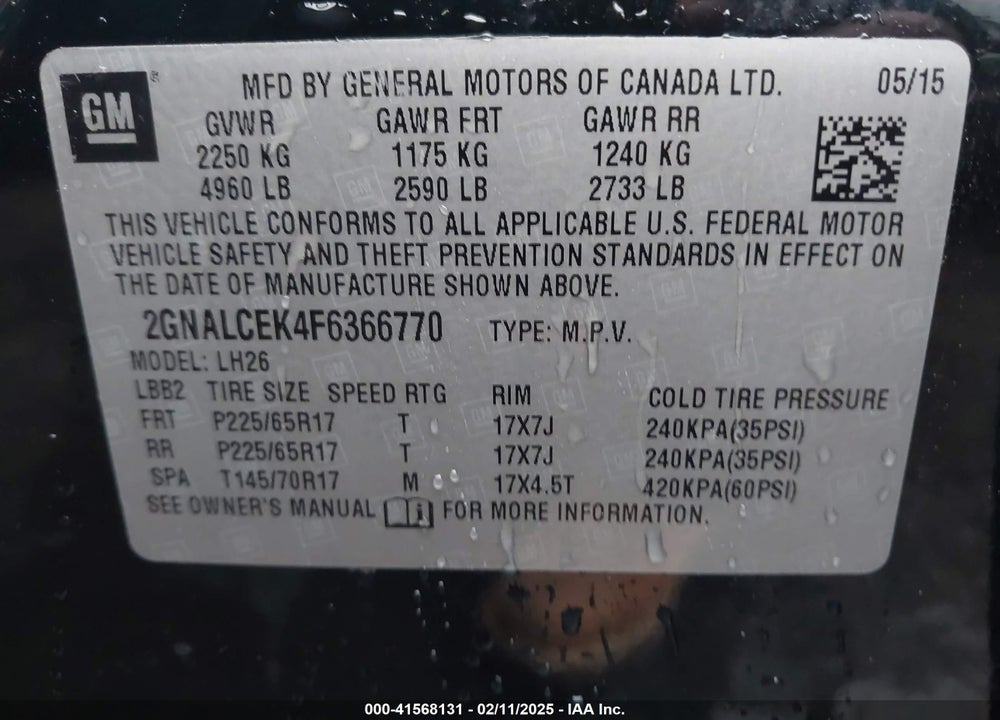 2015 CHEVROLET EQUINOX 2LT VIN: 2GNALCEK4F6366770