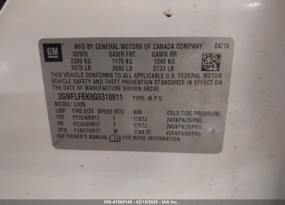2016 CHEVROLET EQUINOX LT VIN: 2GNFLFEK8G6310811