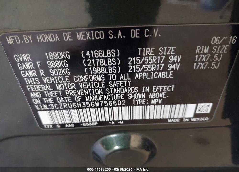 2016 HONDA HR-V LX VIN: 3CZRU6H35GM756602