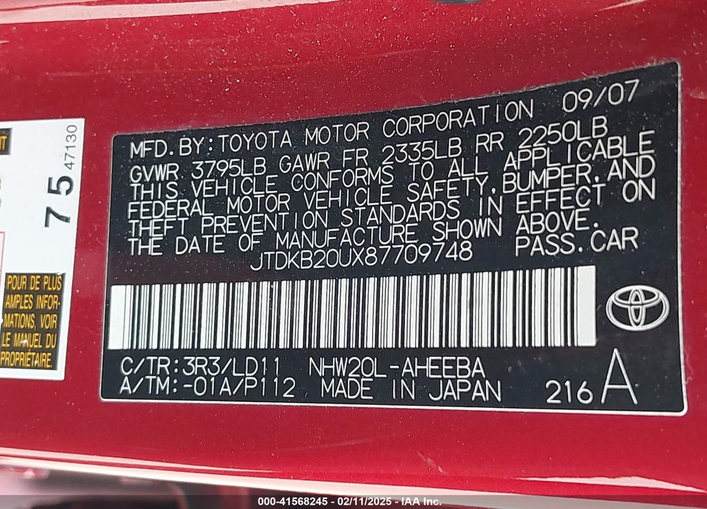 2008 TOYOTA PRIUS VIN: JTDKB20UX87709748