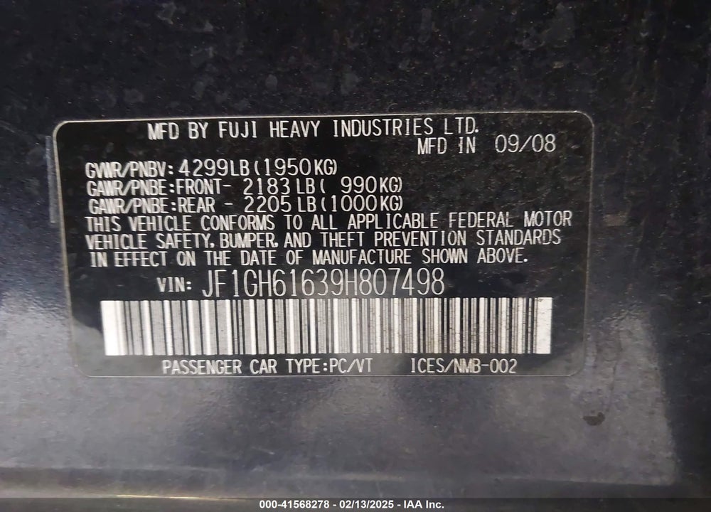 2009 SUBARU IMPREZA VIN: JF1GH61639H807498