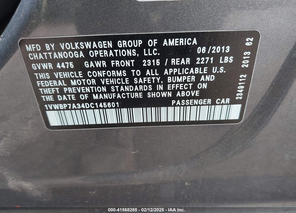 2013 VOLKSWAGEN PASSAT 2.5L SE VIN: 1VWBP7A34DC145601