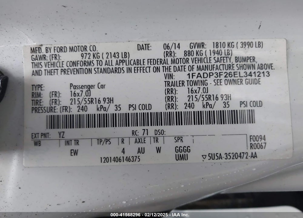 2014 FORD FOCUS VIN: 1FADP3F26EL341213