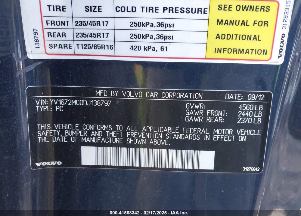 2013 VOLVO C70 VIN: YV1672MC0DJ138797