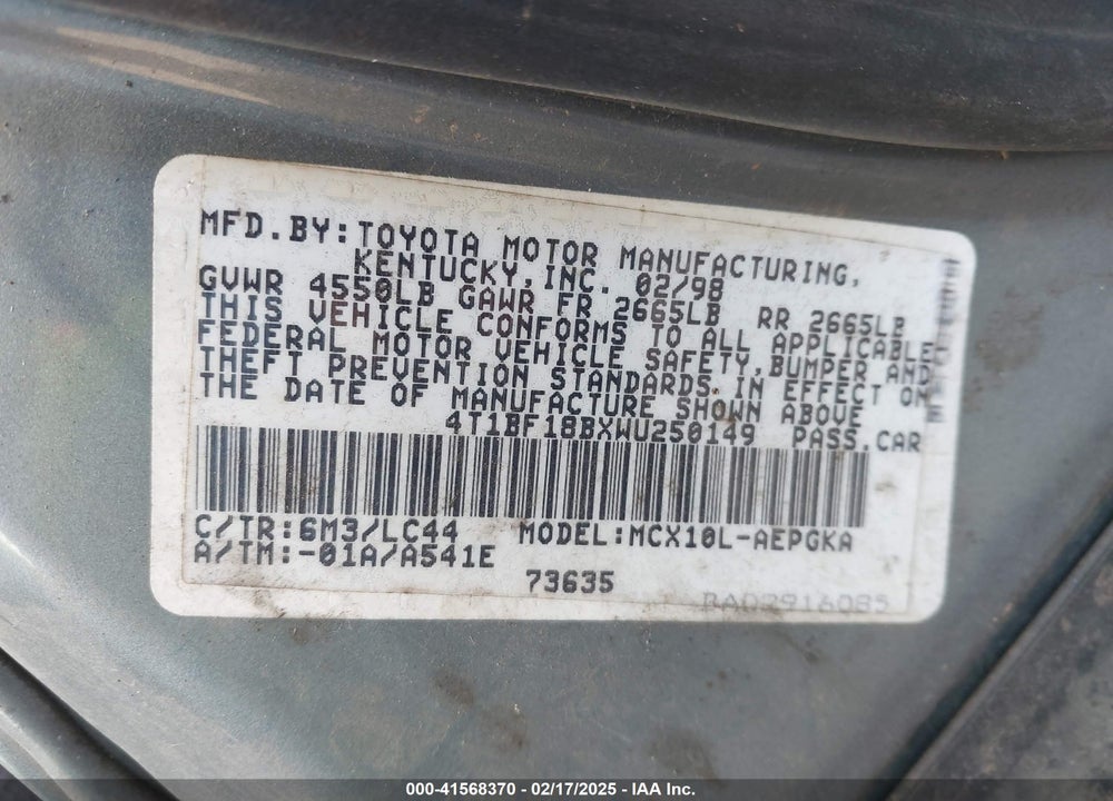 1998 TOYOTA AVALON VIN: 4T1BF18BXWU250149