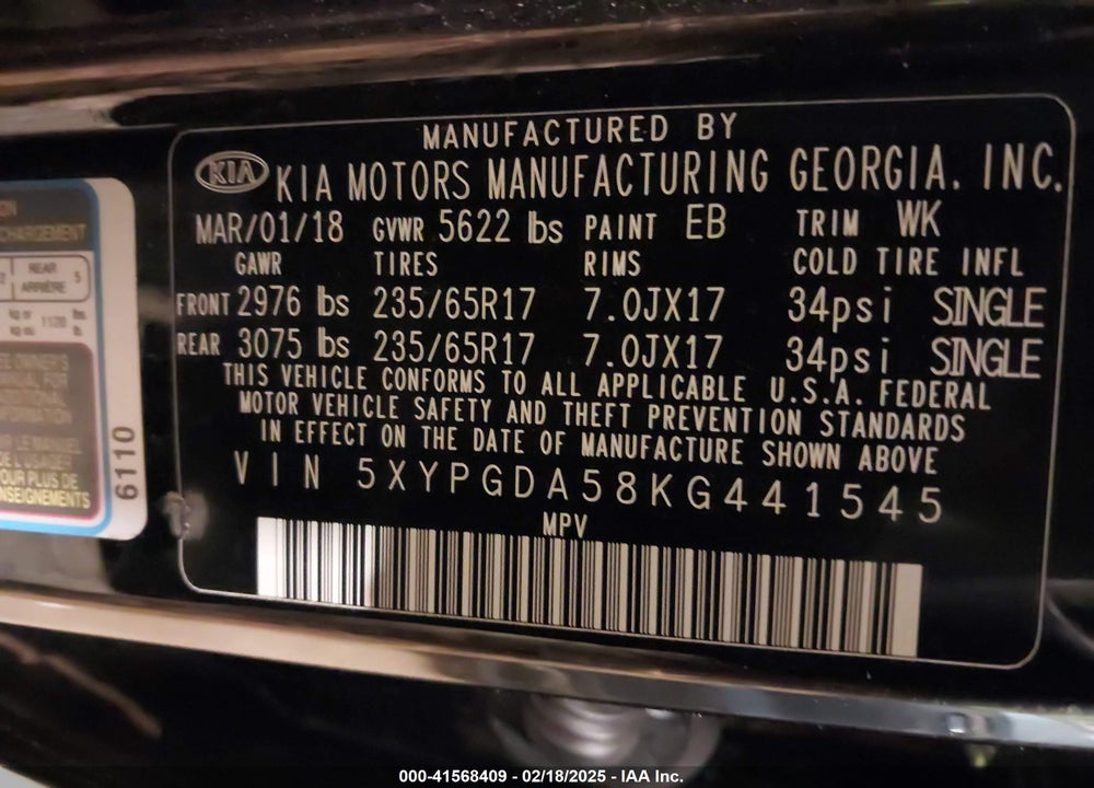 2019 KIA SORENTO 3.3L LX VIN: 5XYPGDA58KG441545