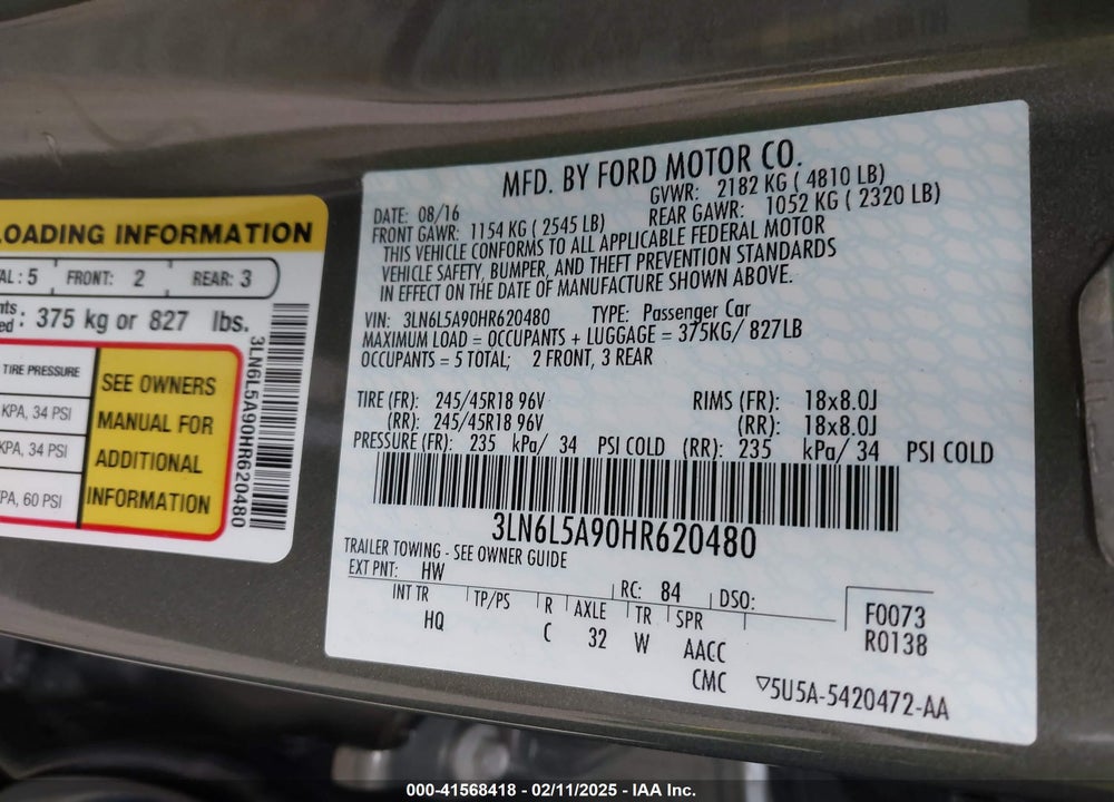 2017 LINCOLN MKZ VIN: 3LN6L5A90HR620480