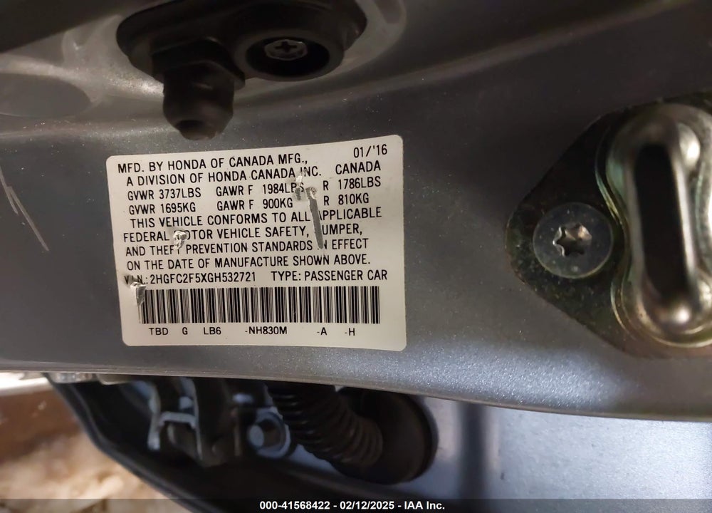 2016 HONDA CIVIC VIN: 2HGFC2F5XGH532721