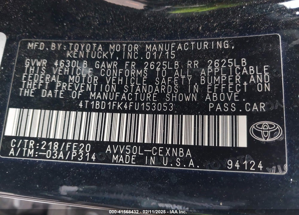 2015 TOYOTA CAMRY HYBRID VIN: 4T1BD1FK4FU153053