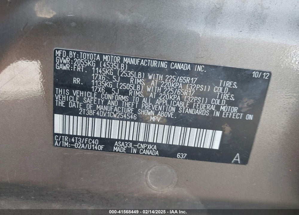 2012 TOYOTA RAV4 VIN: 2T3BF4DV1CW254546