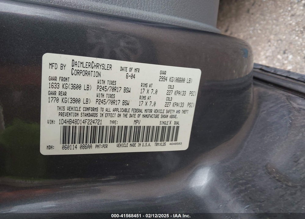 2004 DODGE DURANGO VIN: 1D4HB48D14F224721
