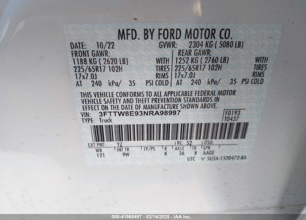 2022 FORD MAVERICK XL VIN: 3FTTW8E93NRA98997