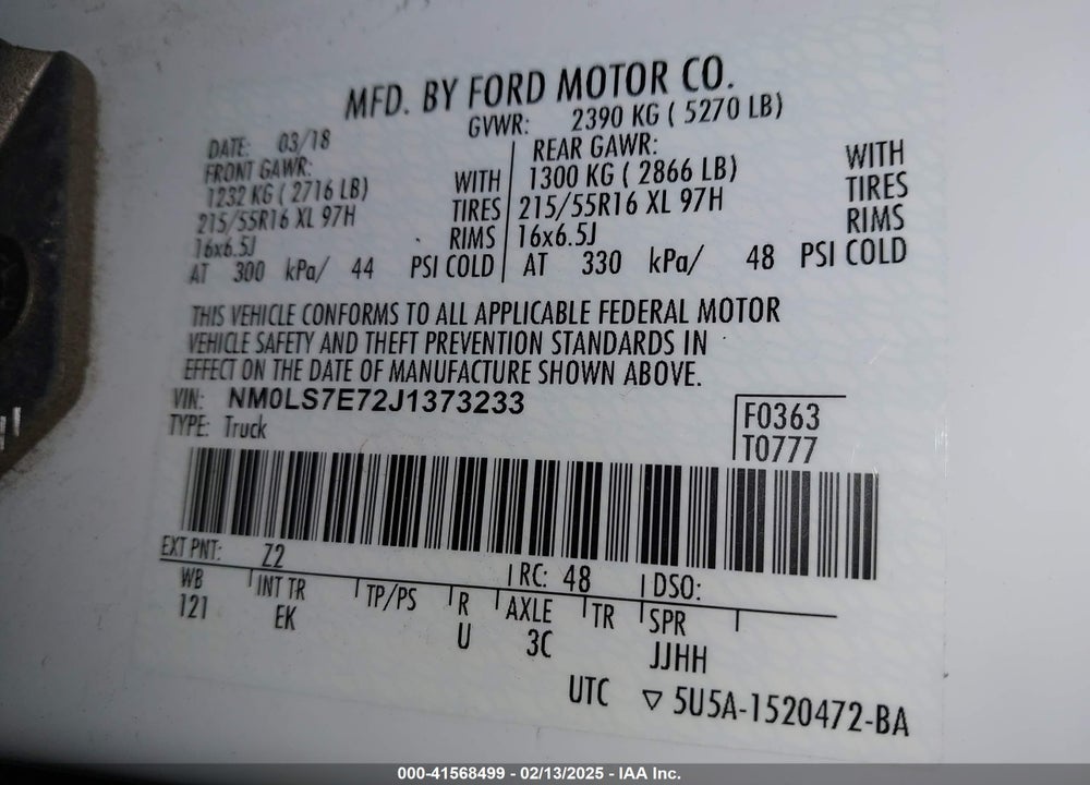 2018 FORD TRANSIT CONNECT XL VIN: NM0LS7E72J1373233