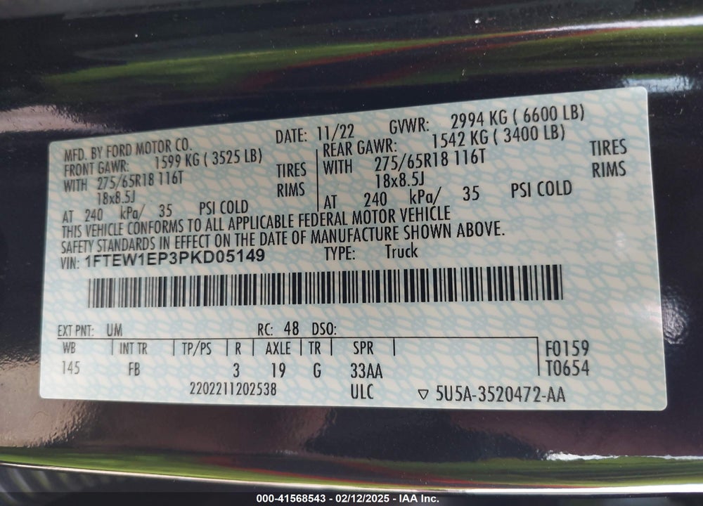 2023 FORD F-150 VIN: 1FTEW1EP3PKD05149