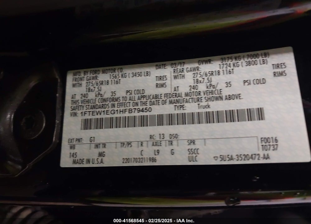 2017 FORD F-150 VIN: 1FTEW1EG1HFB79450
