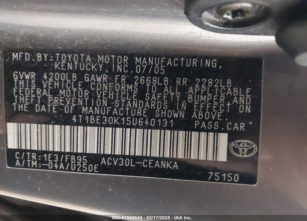 2005 TOYOTA CAMRY LE VIN: 4T1BE30K15U640131