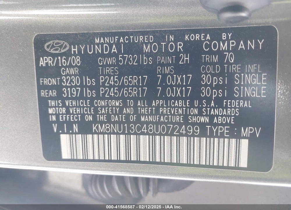 2008 HYUNDAI VERACRUZ GLS/LIMITED/SE VIN: KM8NU13C48U072499