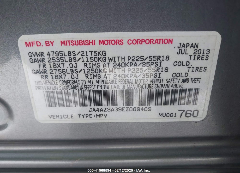 2014 MITSUBISHI OUTLANDER SE VIN: JA4AZ3A39EZ009409