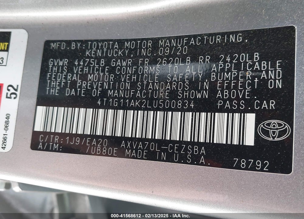2020 TOYOTA CAMRY VIN: 4T1G11AK2LU500834