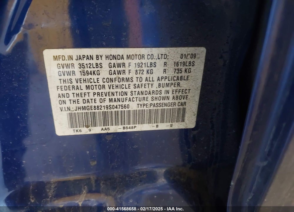2009 HONDA FIT VIN: JHMGE88219S047560