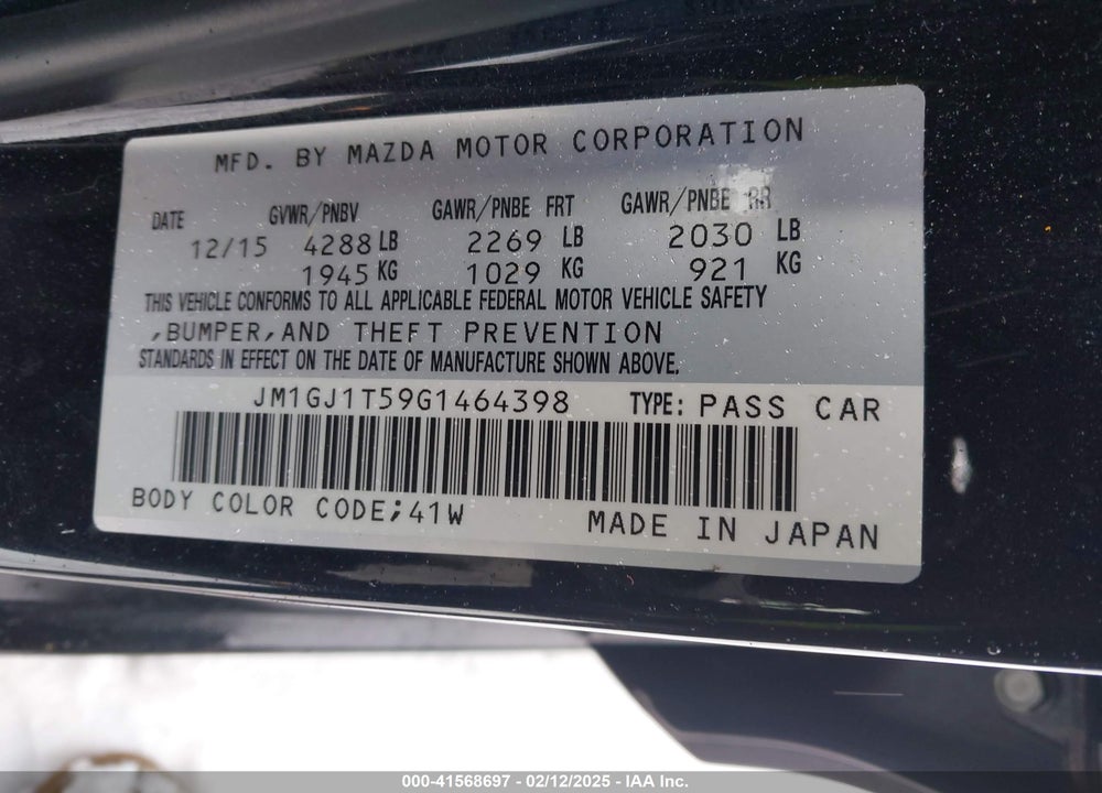 2016 MAZDA MAZDA6 VIN: JM1GJ1T59G1464398