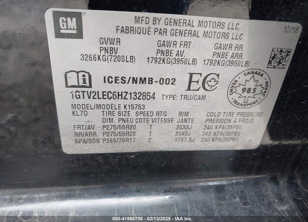 2017 GMC SIERRA 1500 VIN: 1GTV2LEC6HZ132854