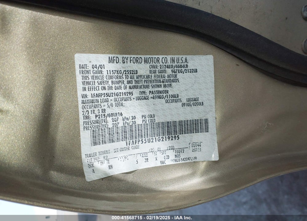 2001 FORD TAURUS SES VIN: 1FAFP55U21G219295