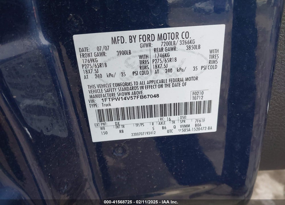 2007 FORD F-150 FX4/LARIAT/XLT VIN: 1FTPW14V57FB67048