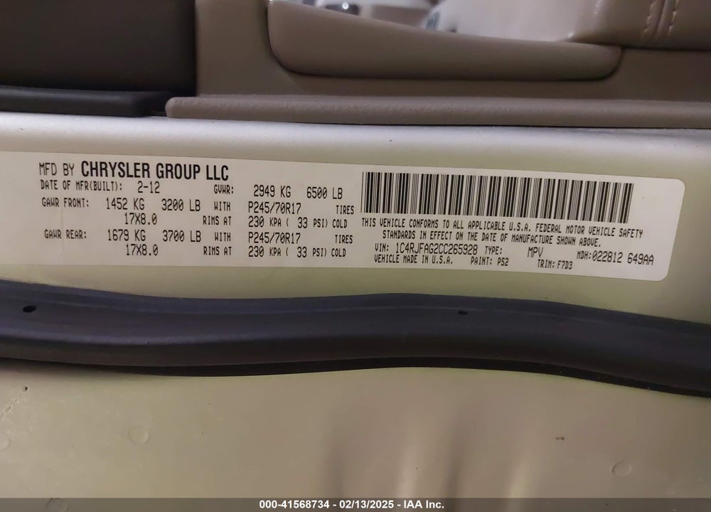 2012 JEEP GRAND CHEROKEE LAREDO VIN: 1C4RJFAG2CC265928