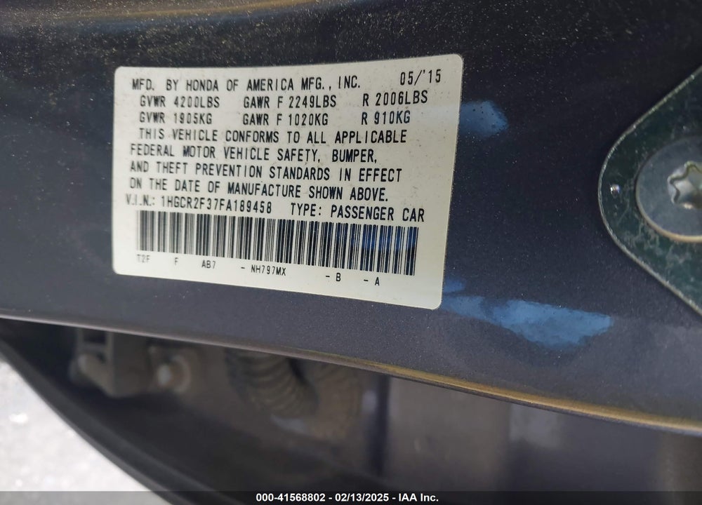 2015 HONDA ACCORD VIN: 1HGCR2F37FA189458